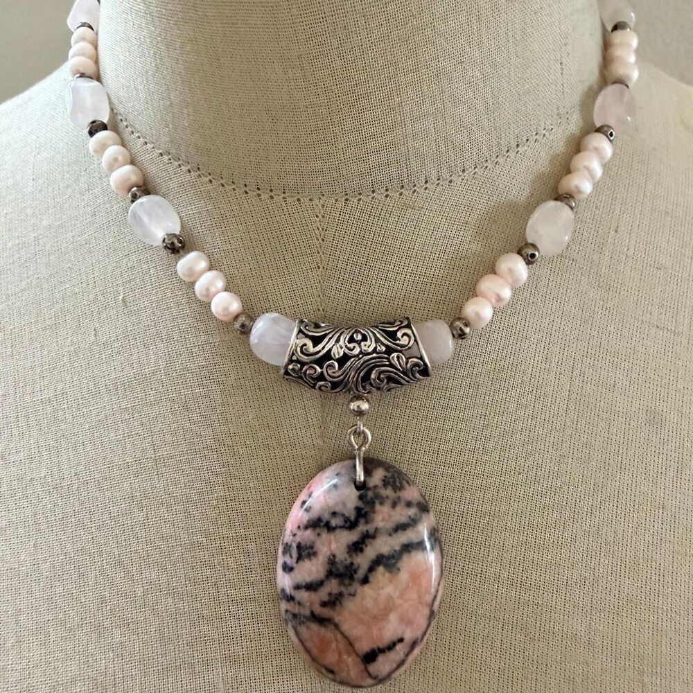 Sterling Silver Rhodonite Pendant Necklace w Freshwater Pearls